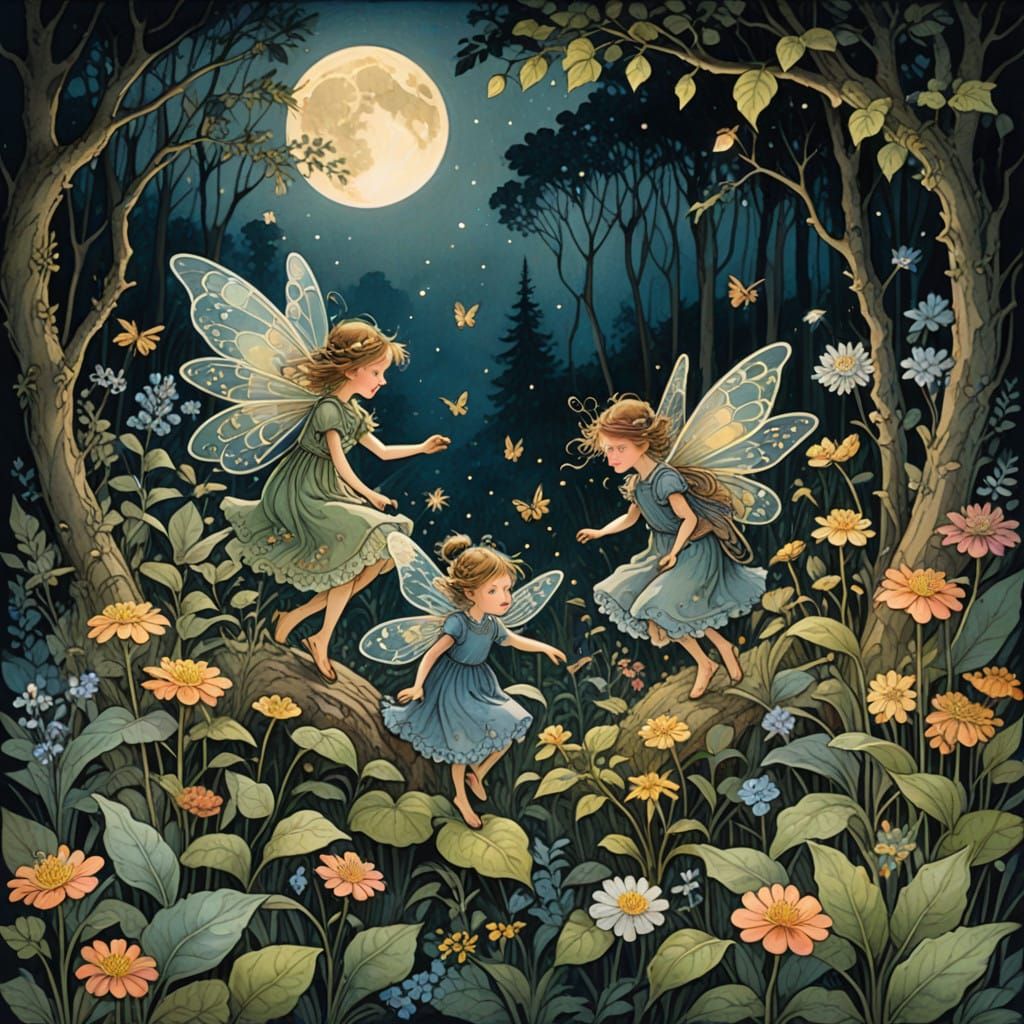 Whimsical Faeries in a Gouache Painting