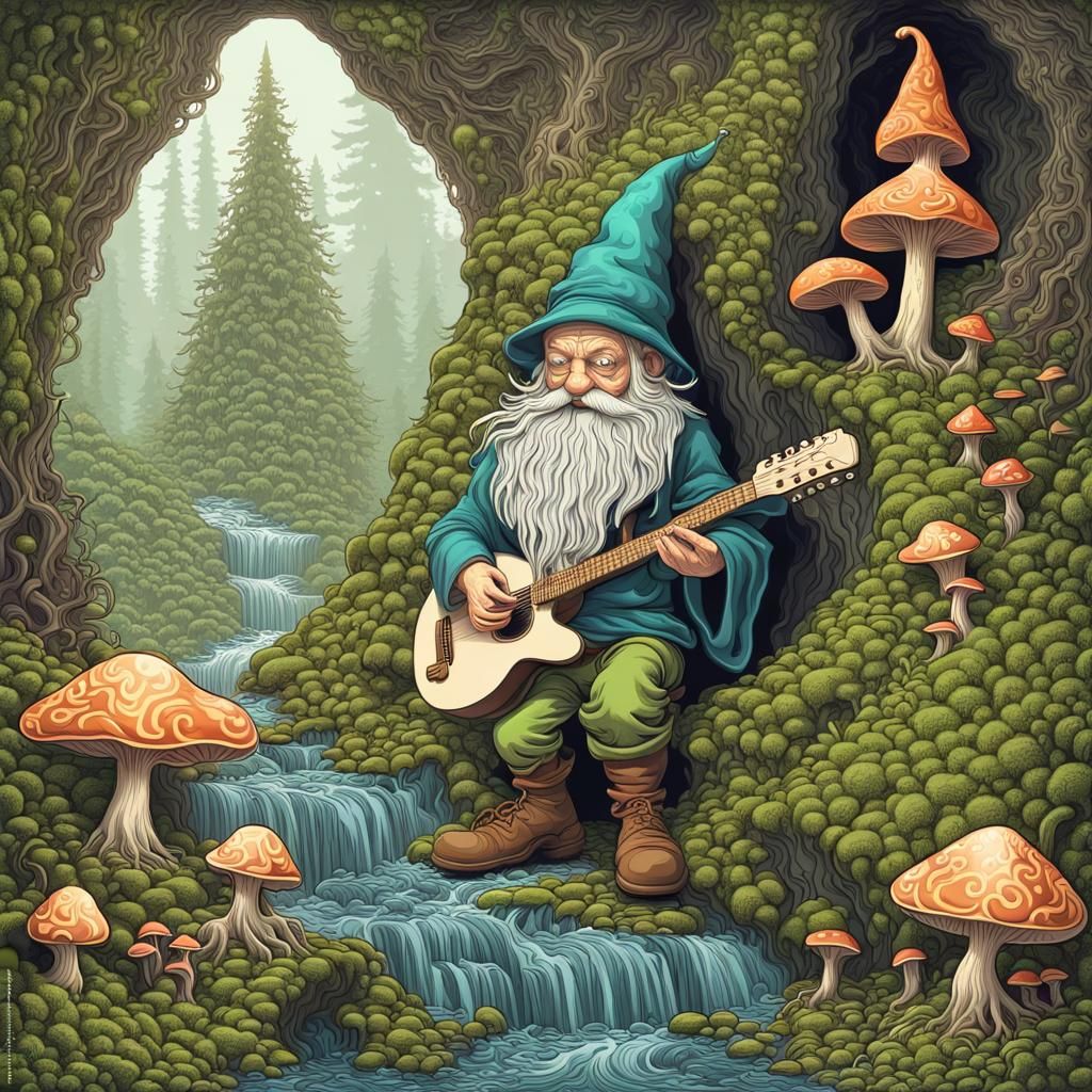 Gnome wizard playing guitar by waterfall with mushrooms