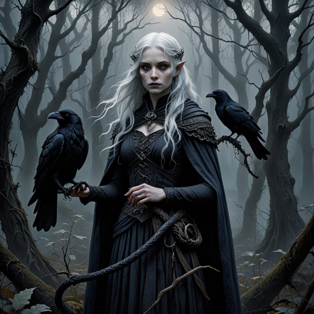 Mysterious Gothic Fantasy Girl Surrounded by Ravens and a Bl...