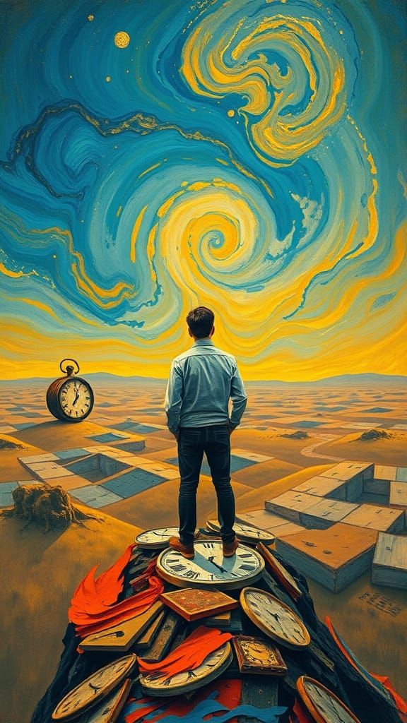Existential Landscape with Melting Clocks in Surreal Style