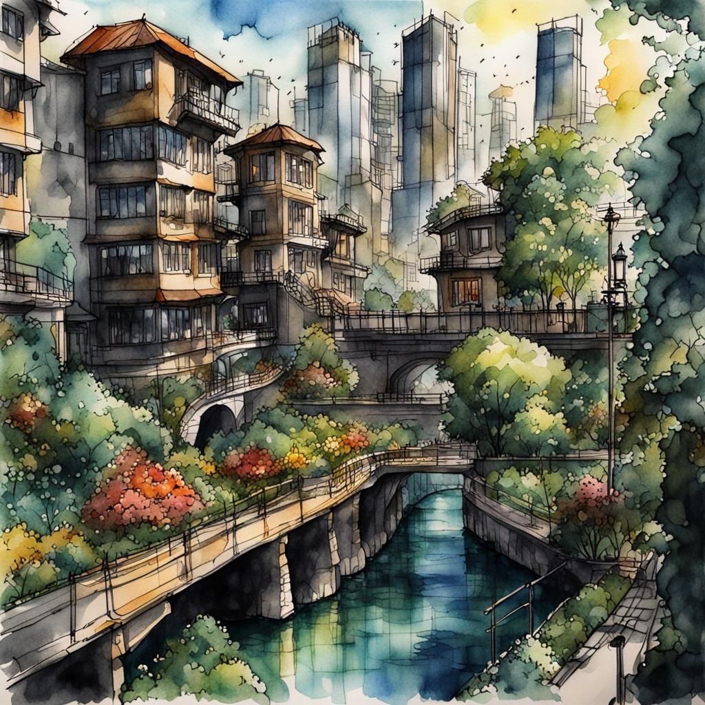 Futuristic Oriental Garden: Watercolor Urban Sketch