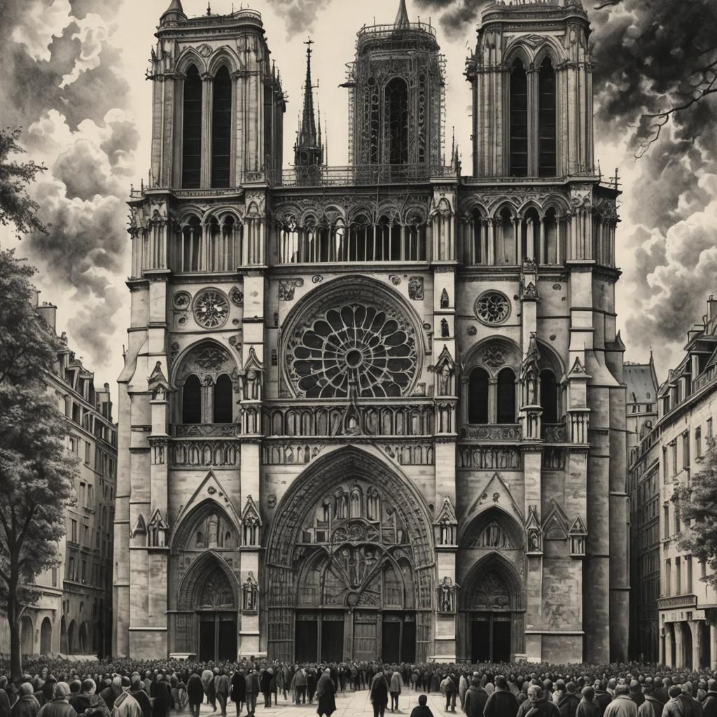 Hyperdetailed Charcoal Drawing of Notre Dame Cathedral