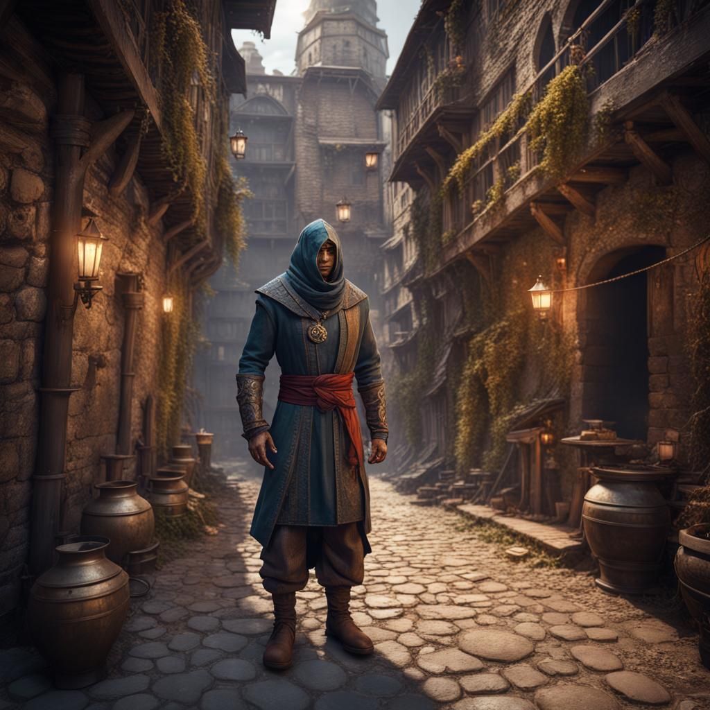 Indian Shapeshifter Thief in Medieval City, Detailed Art