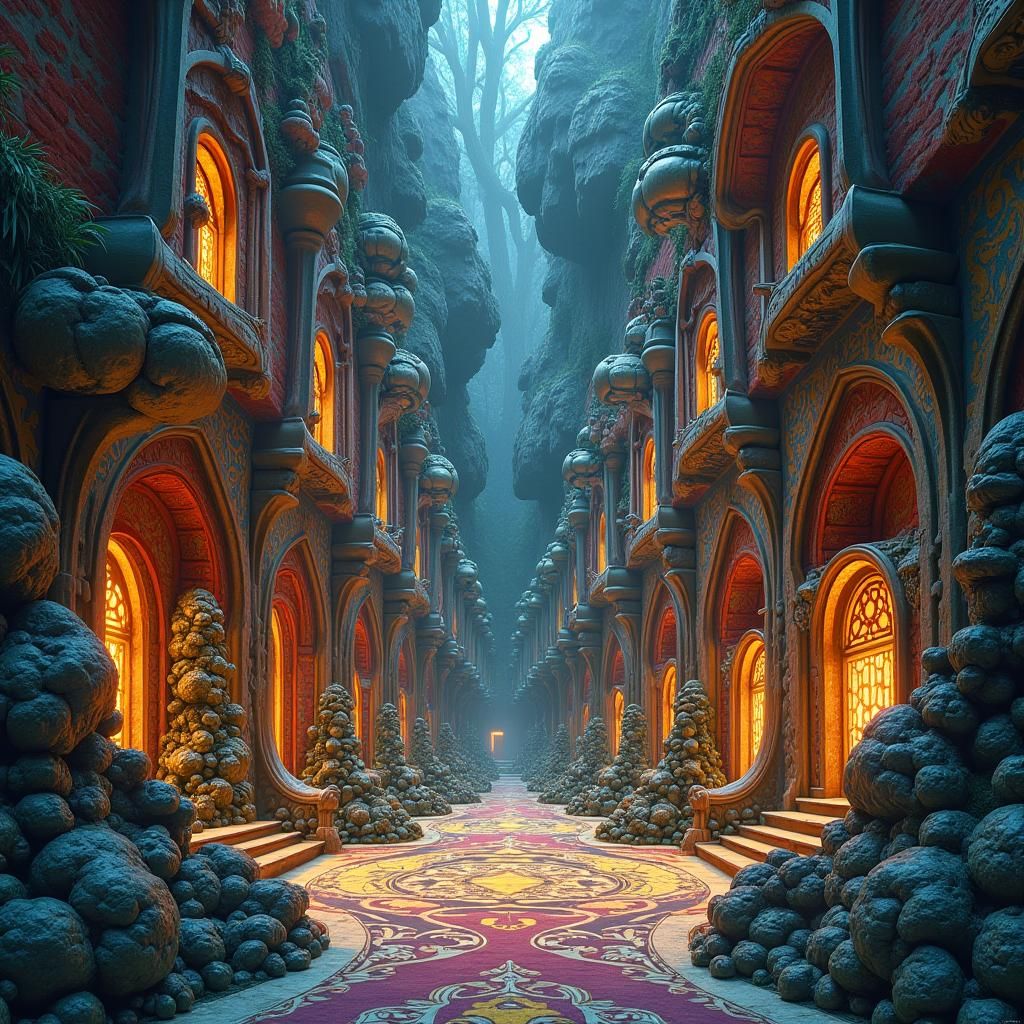 Fantastical Street Scene in Art Nouveau and Gothic Styles