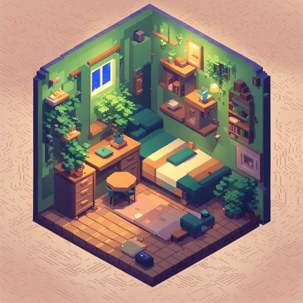 Cozy Pixel Art Isometric Room in 8-bit Style