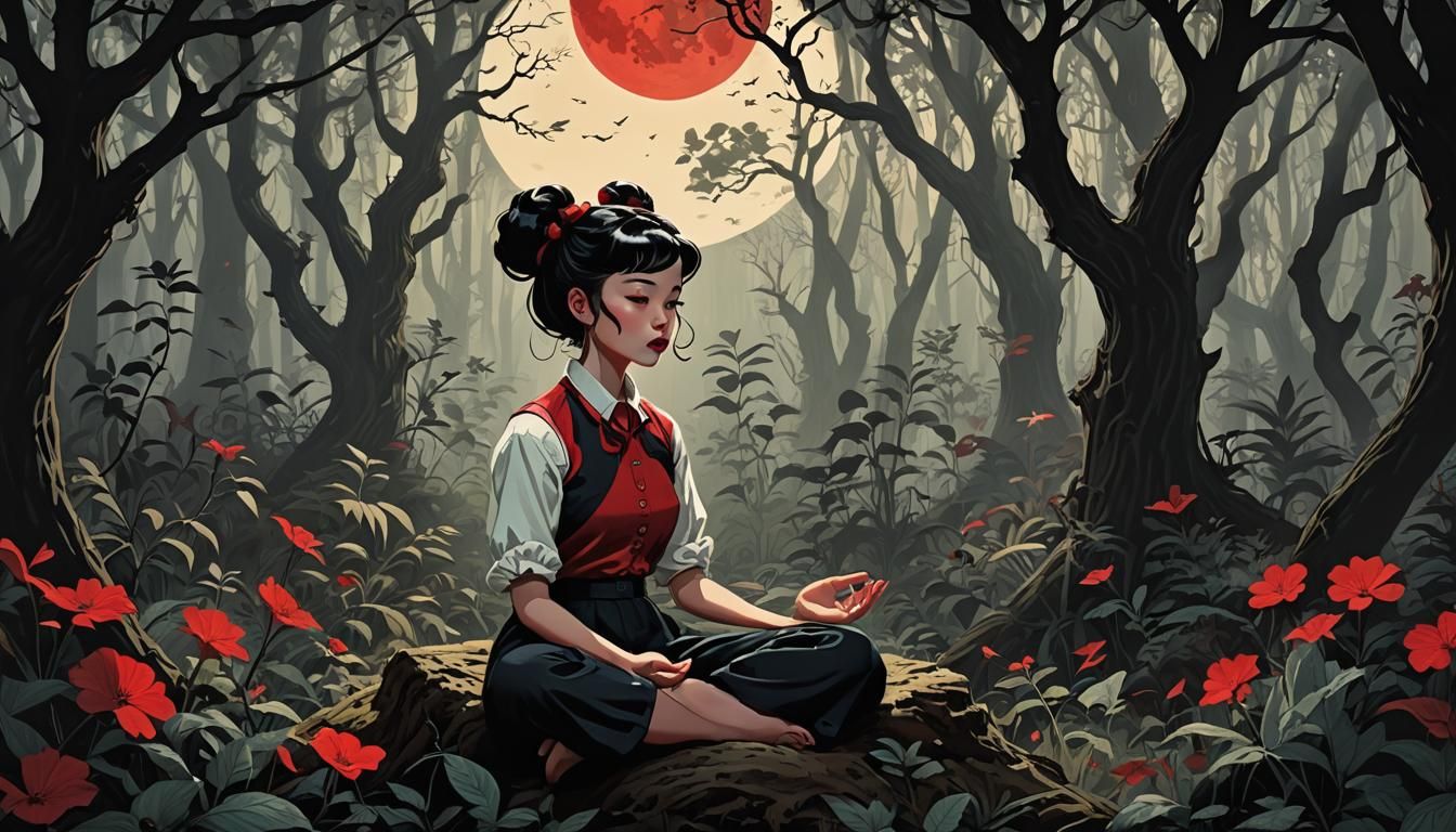 Rockabilly Girl Meditates in Shadowed Forest