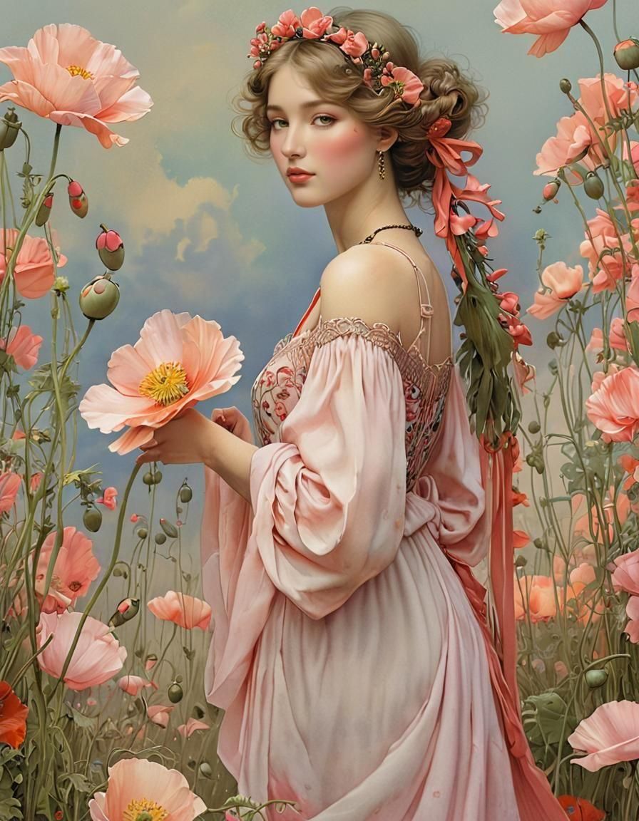 Poppies in Evening Light: Liquid Ink Illustration