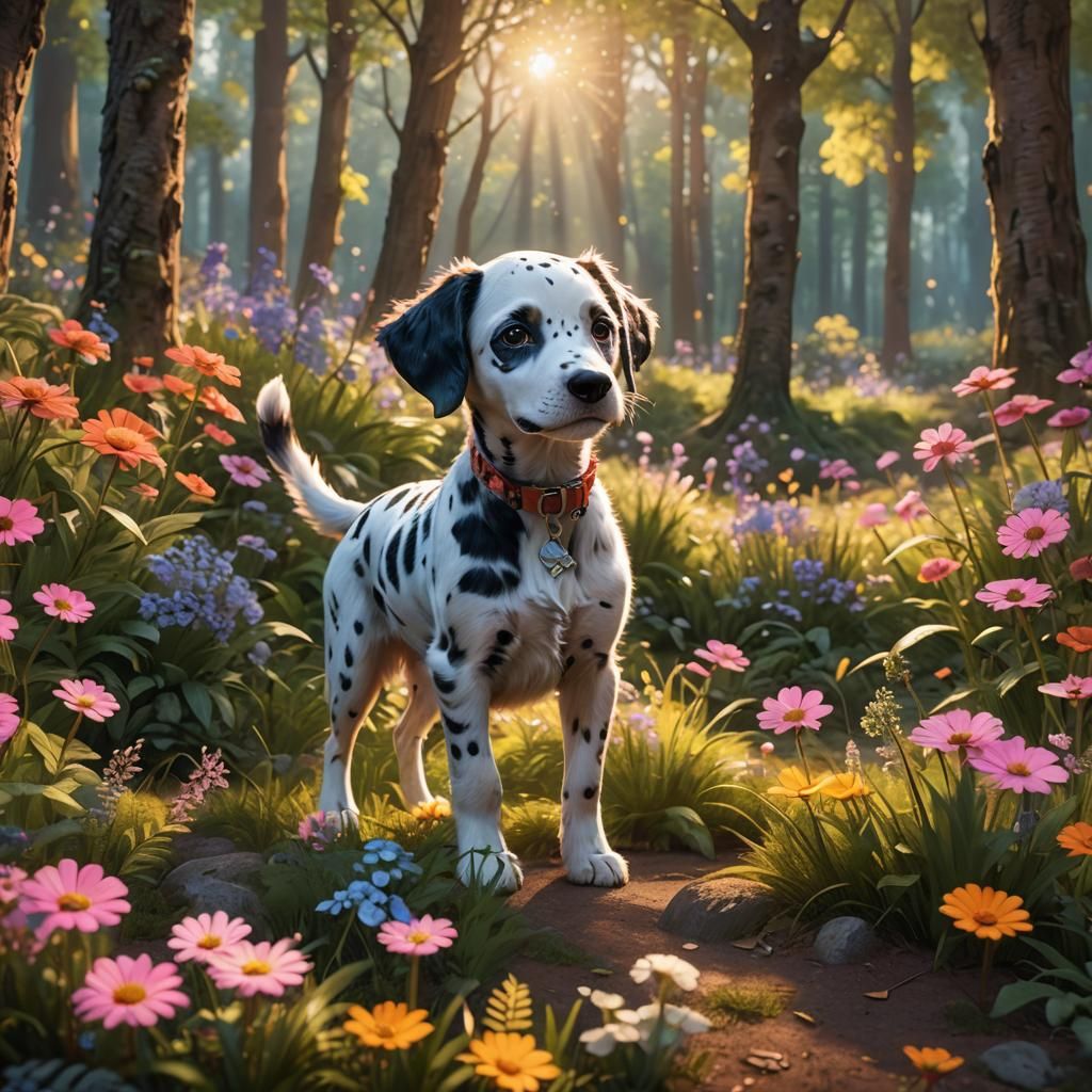 Fluffy Dalmatian Puppy in Enchanted Forest: 3D Render