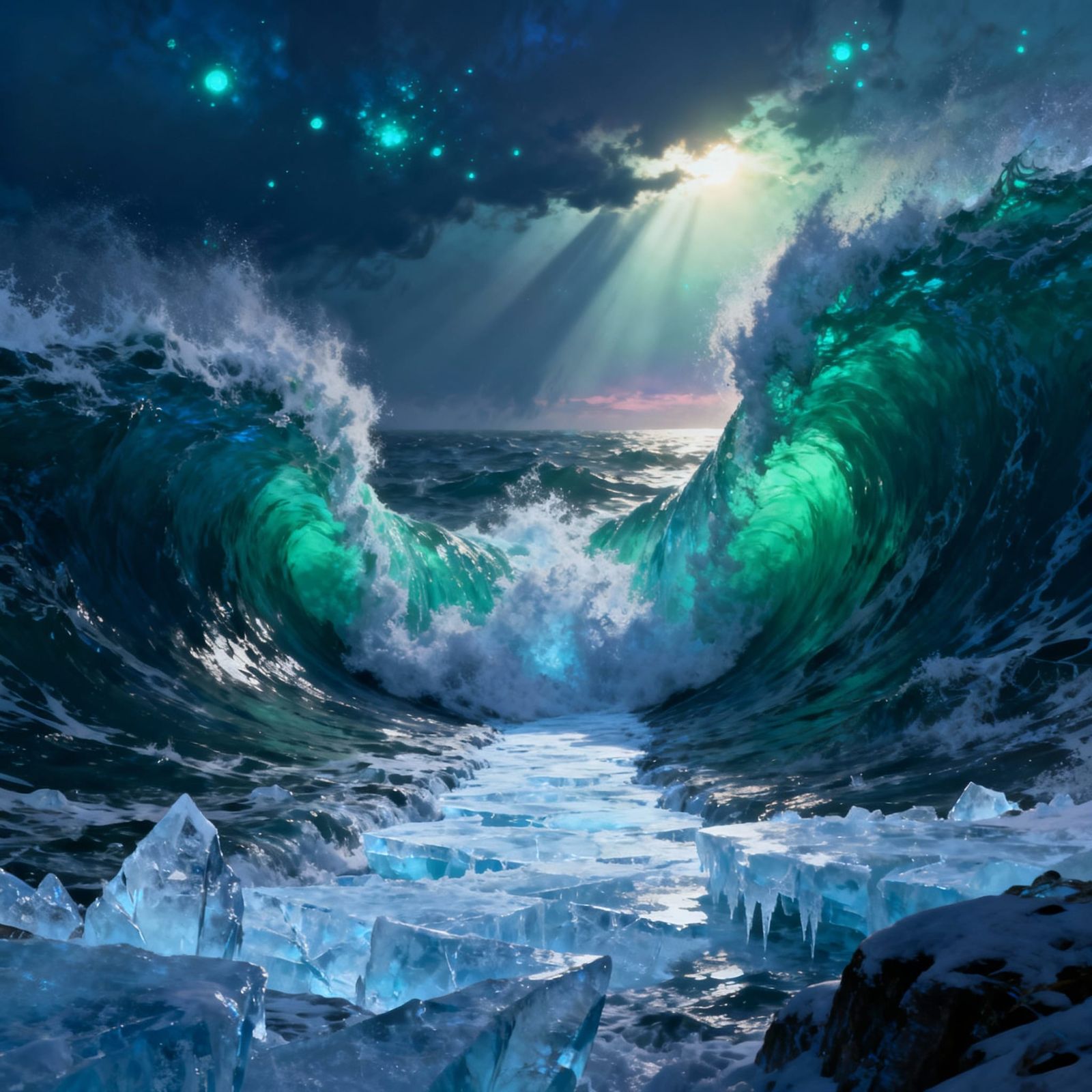 Epic Frozen Ocean Waves Under Stormy Twilight Sky