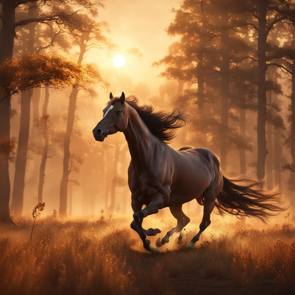 Epic Horse Running at Sunset: Cinematic Digital Art