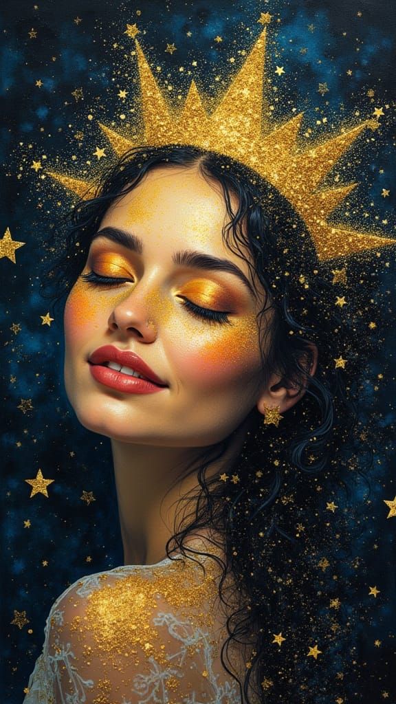 Woman with Starry Face and Crown in Midnight Sky