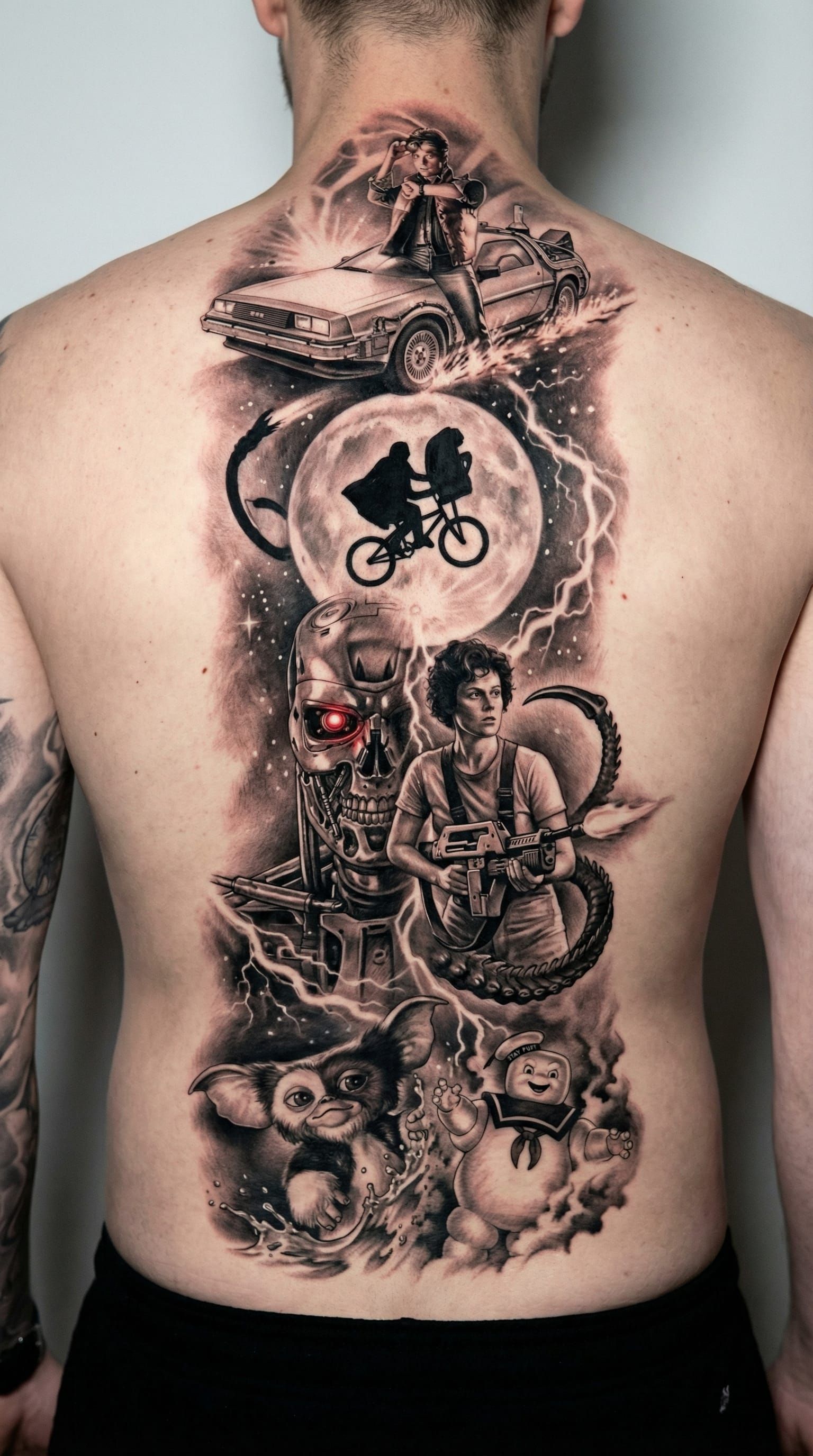 Cinematic 80s Movie Character Back Tattoo Design