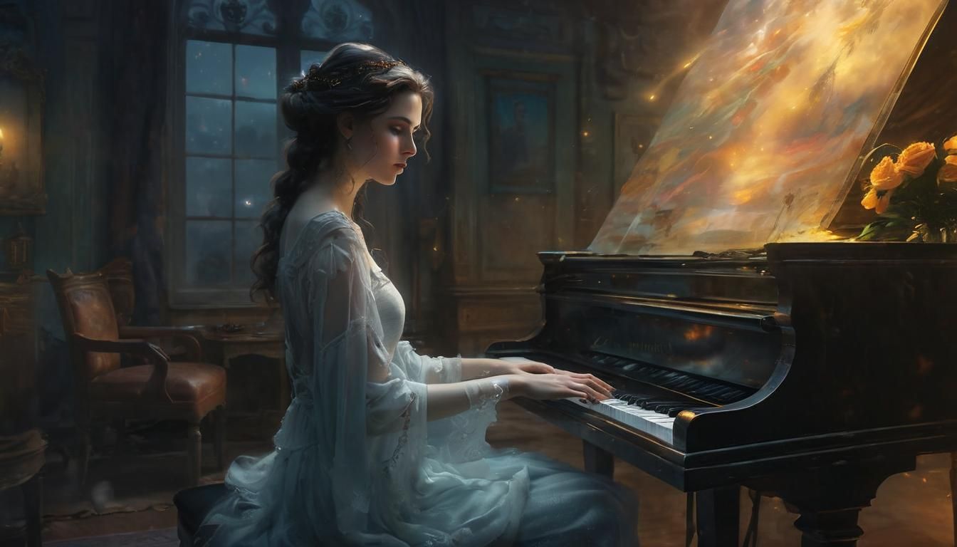 Ethereal Greek Ghost Plays Piano Under Starry Night Sky in H...