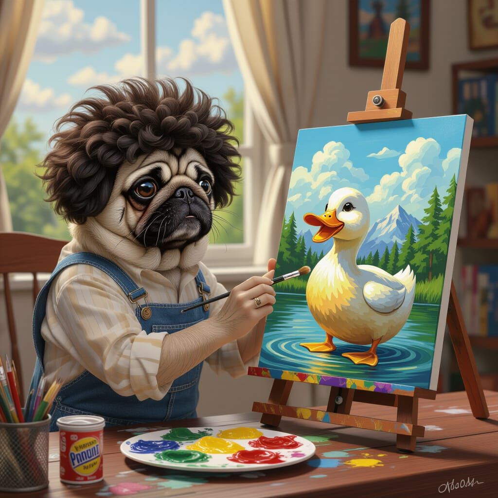 Pug Artist Bob Ross Paints Duck Eating Pringles