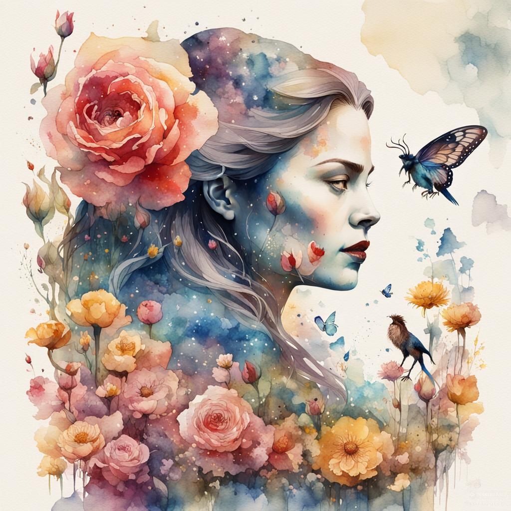 Beauty and the Beast Double Exposure Watercolor Illustration