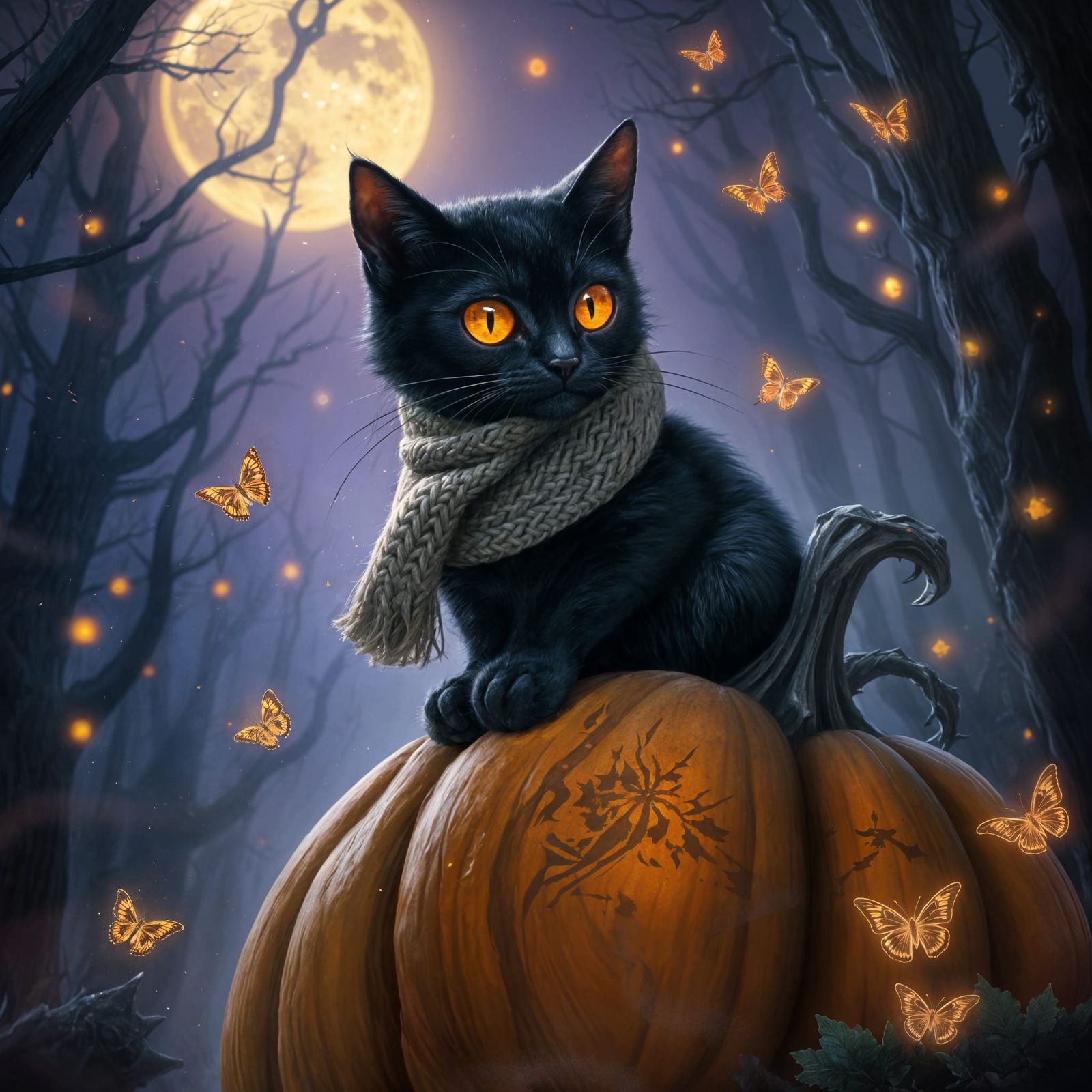 Black Cat on Pumpkin in Dark Fantasy Art Nouveau Style