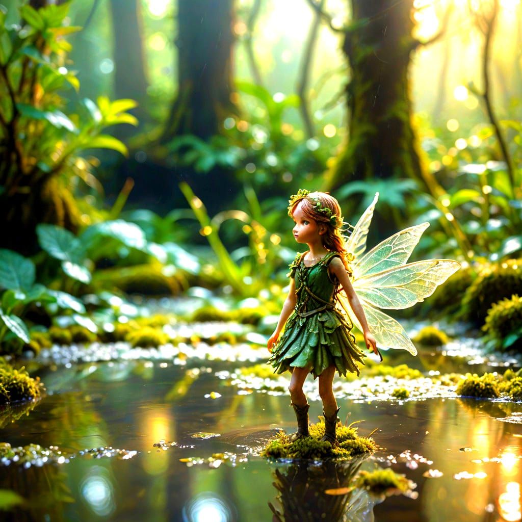 Glowing Fairy in Rainwater Reflections