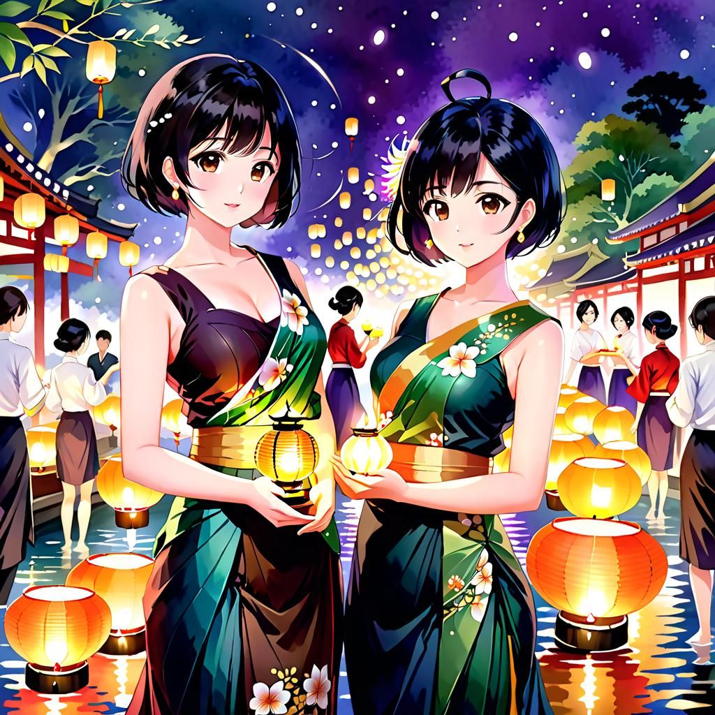 Thai Women at Lantern Festival in Watercolor Style