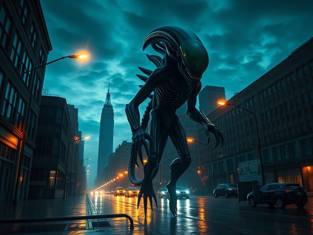 Cyberpunk Horror Scene: Xenomorph Emerges from New York City...