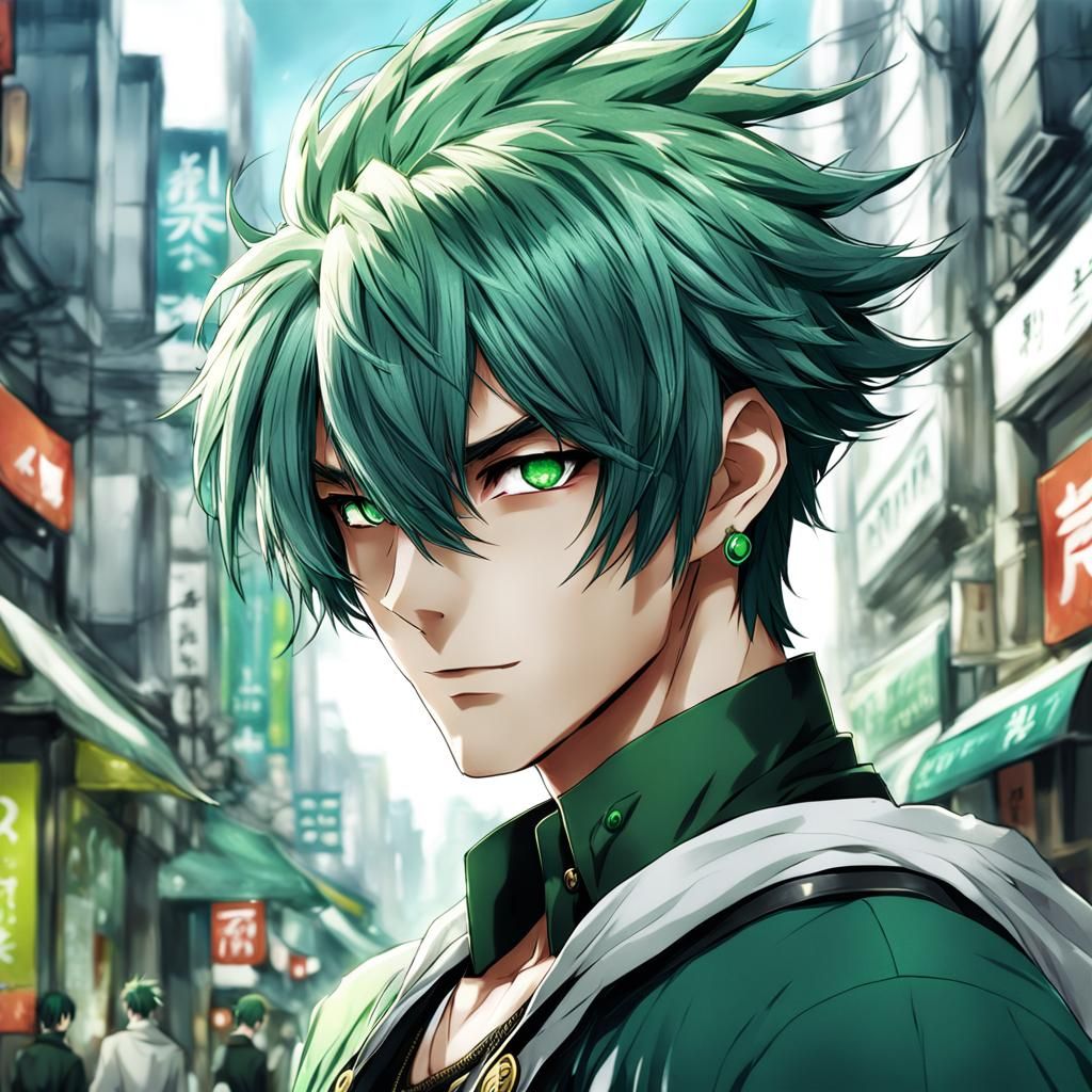 Handsome Boy with Green Hair in Anime Style