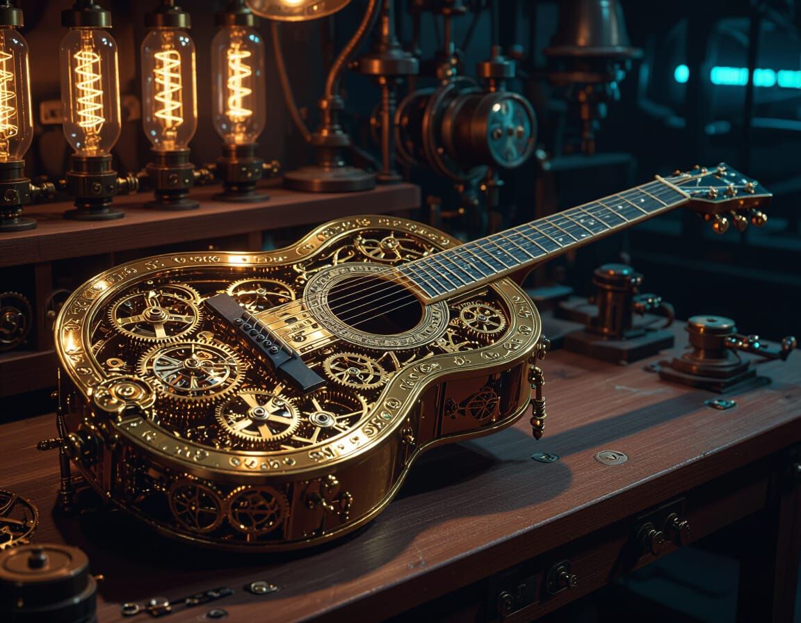 Ornate Brass Clockwork Guitar in Dim Workshop