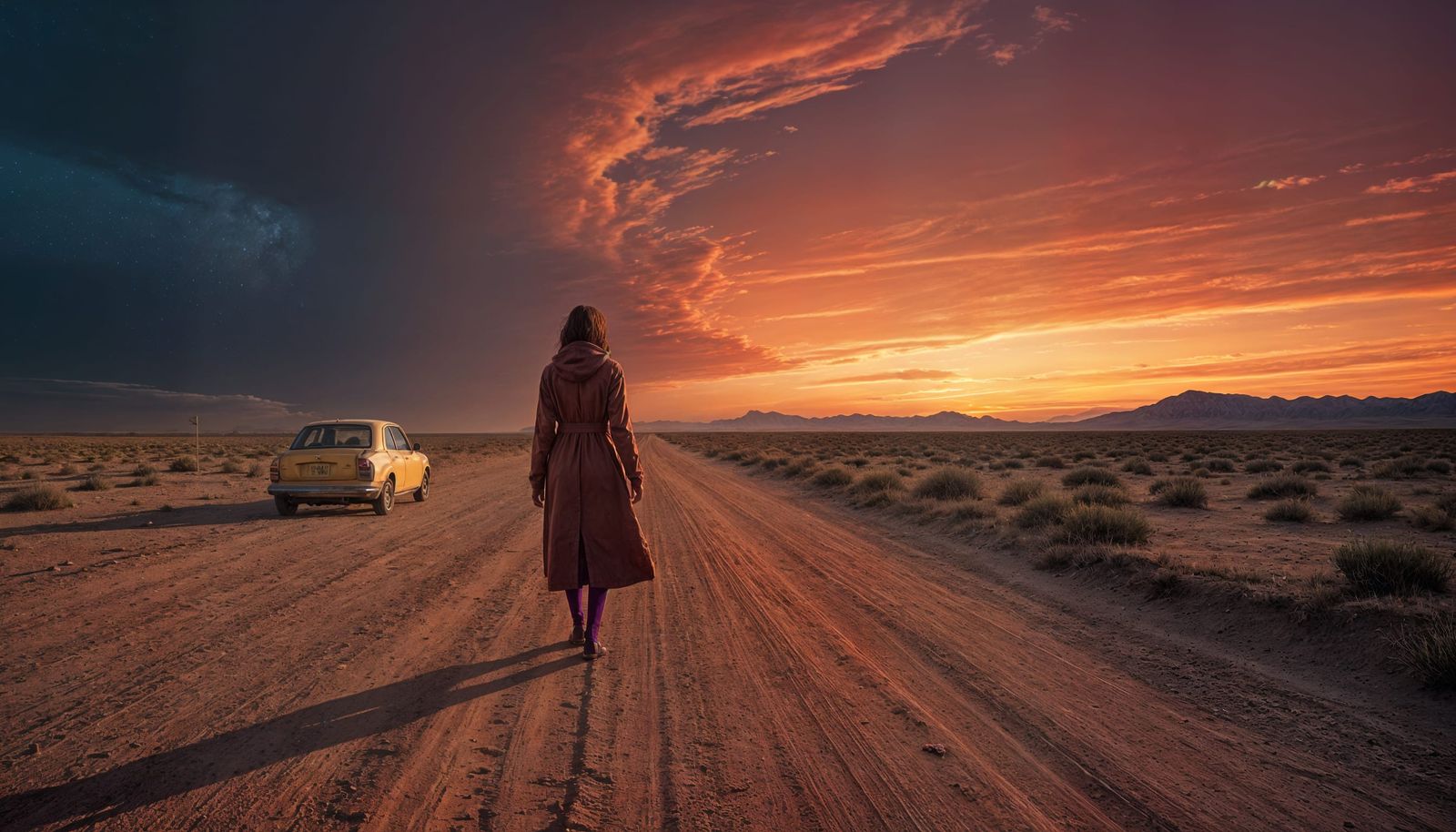 Faceless Woman on Desert Road Under Crimson Sky