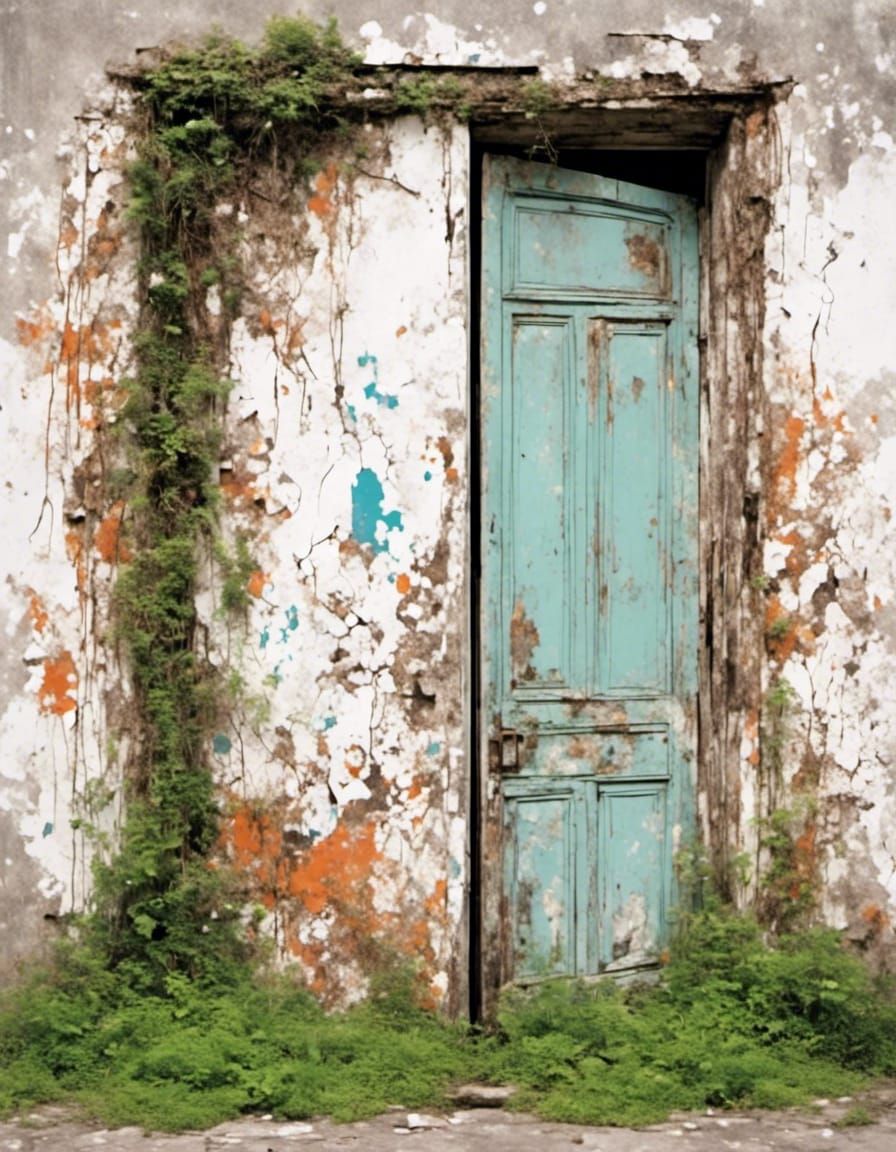 Old Door with Splatter Graffiti and Urban Desolation