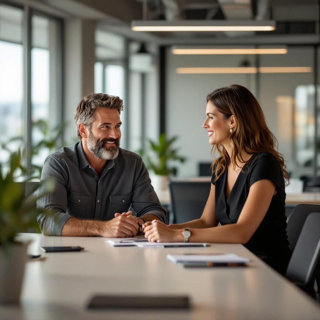 Modern Office Meeting: Man and Woman in Photorealistic Style