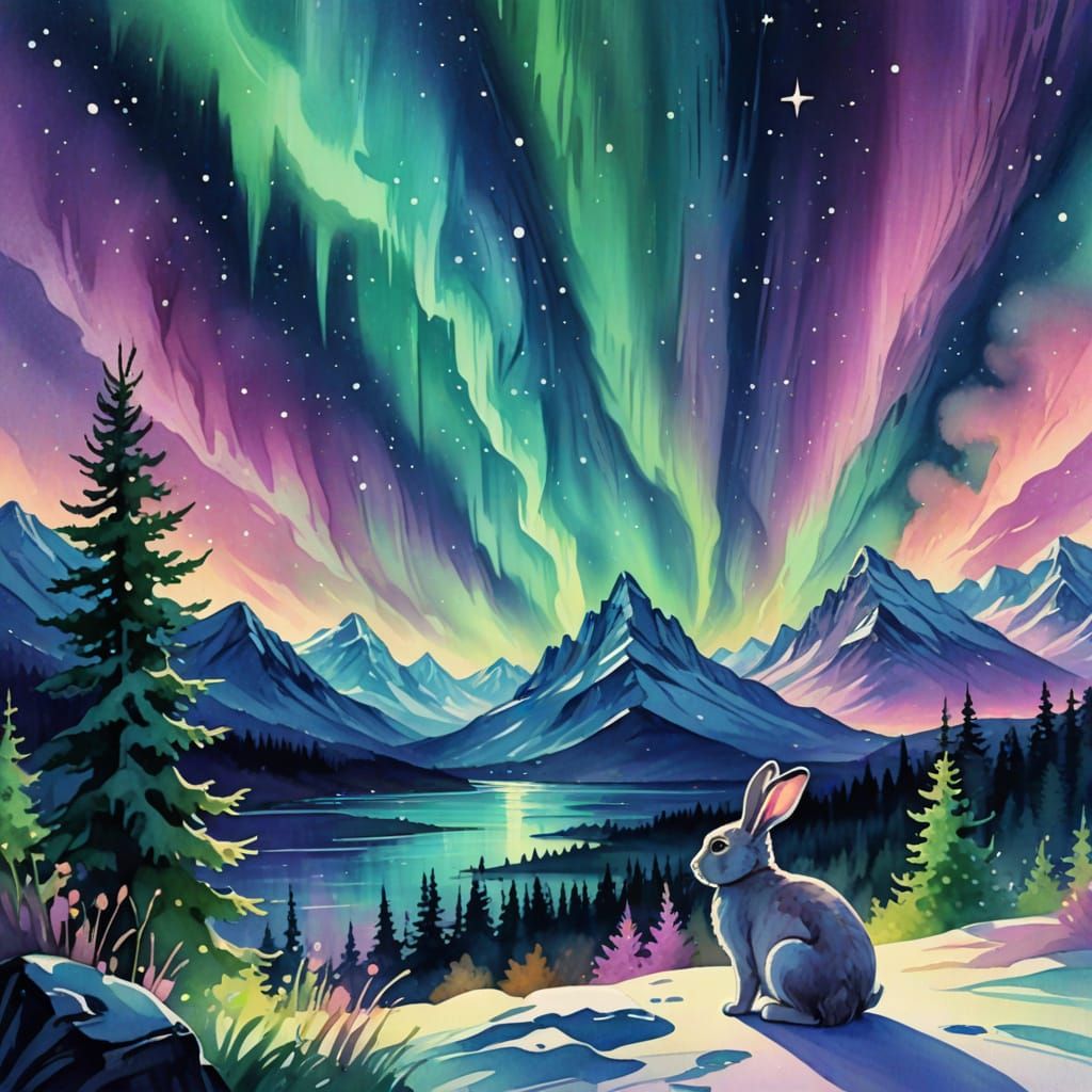 Rabbit Watching Aurora Borealis in Watercolor Style