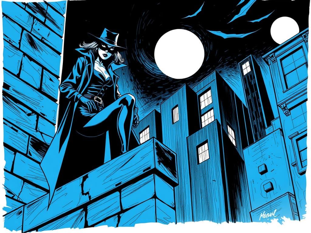 Sultry Blue Masked Vigilante Surveys Noir City from High Led...