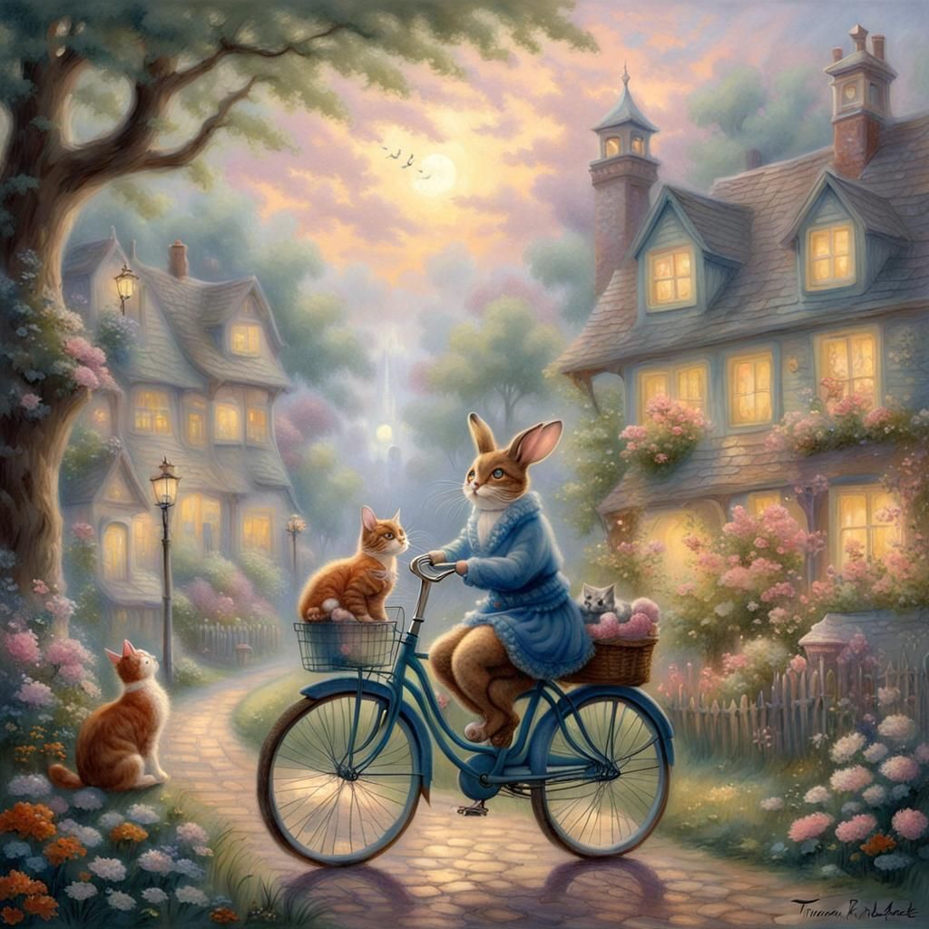Easter Bunny on Bike with Cats, Fantasy Art