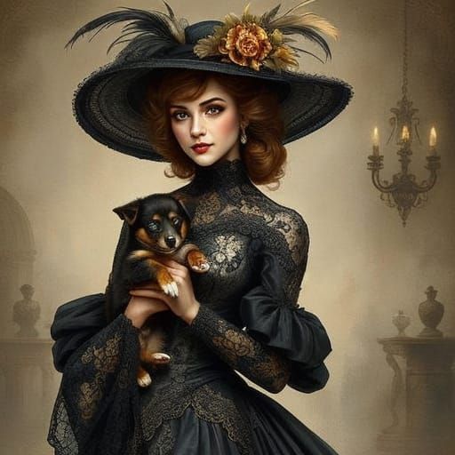 Victorian Lady with Borzoi Puppy, Oil Painting Style