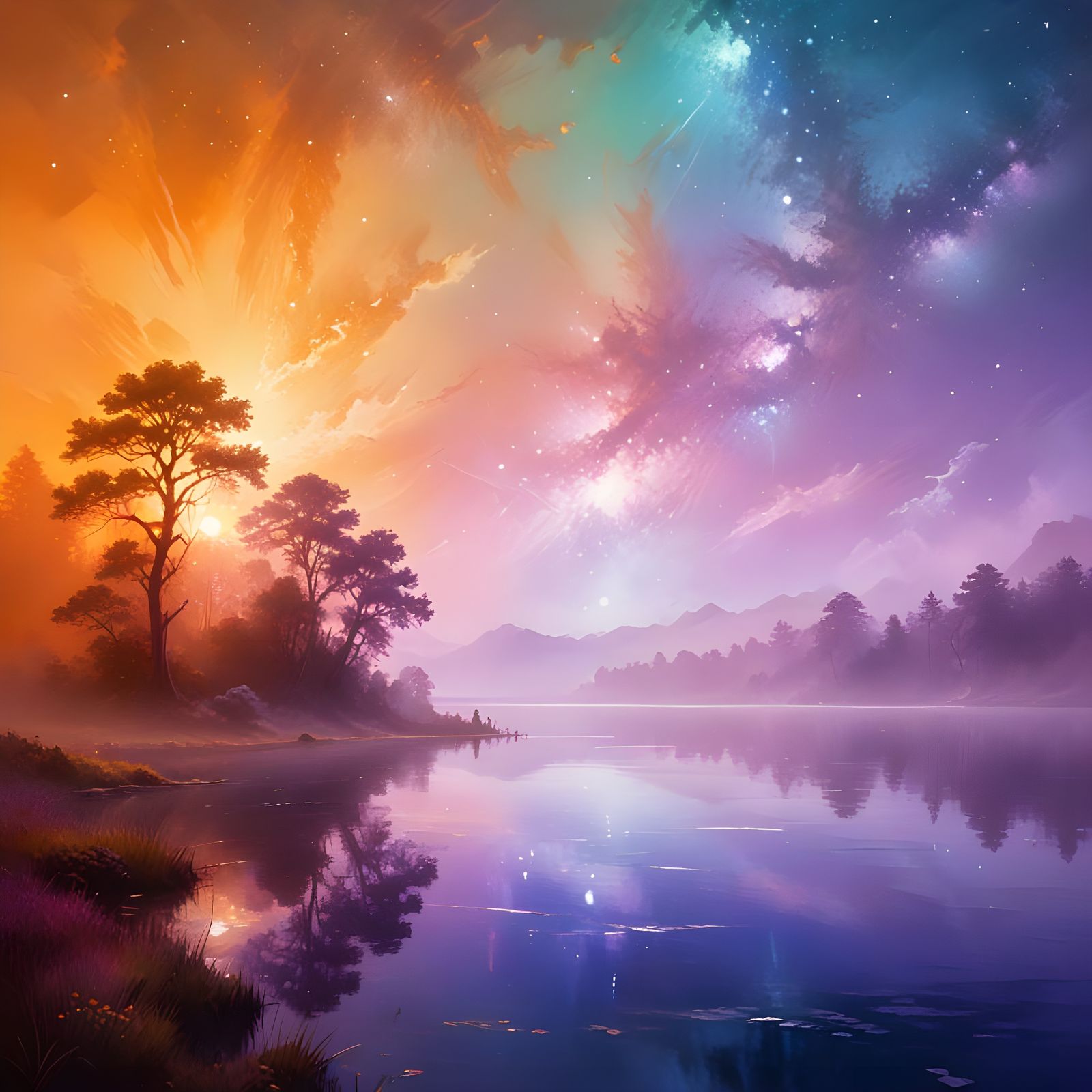 Tranquil Lake Landscape with Majestic Night Sky