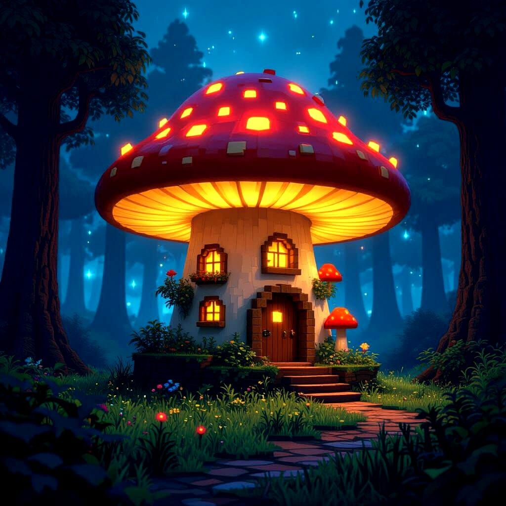 Minecraft Mushroom House in Bioluminescent Forest