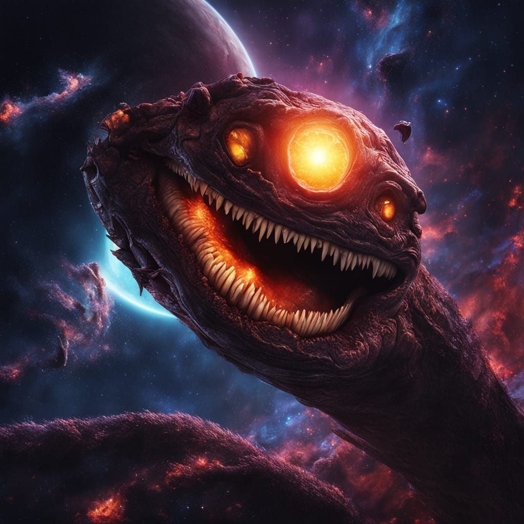 Colossal Space Worm Devouring Planet in Sci-Fi Art