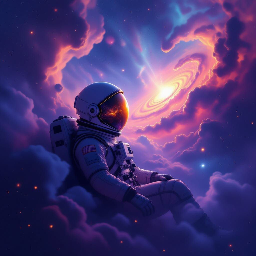 Astronaut Lost in Cosmic Nebula, Helmet Reflects Alien Galax...