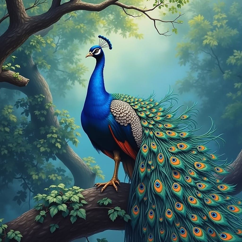 A beautiful peacock perched on a tree branch. The "peacock has hundreds of brilliant bright orange and blue feathers" Hi...