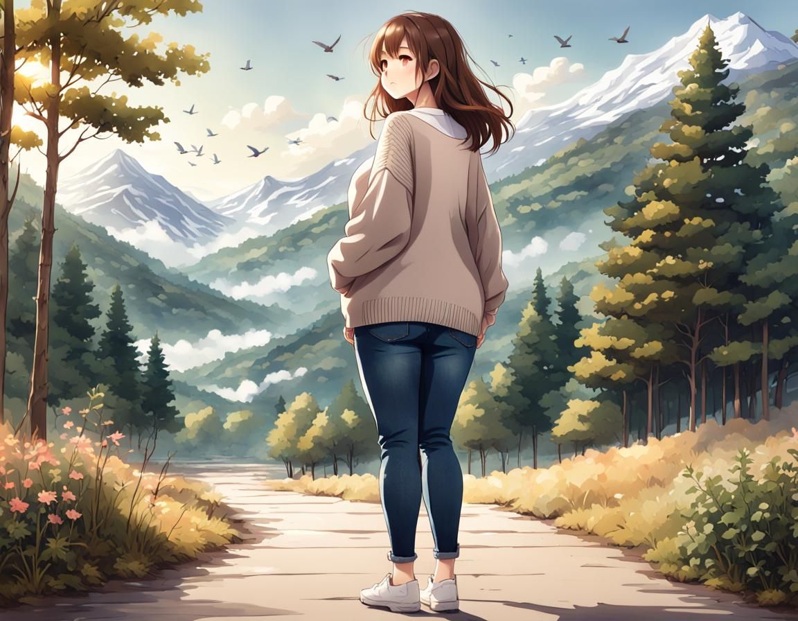 Anime Style: Woman in Mountains, View from Behind