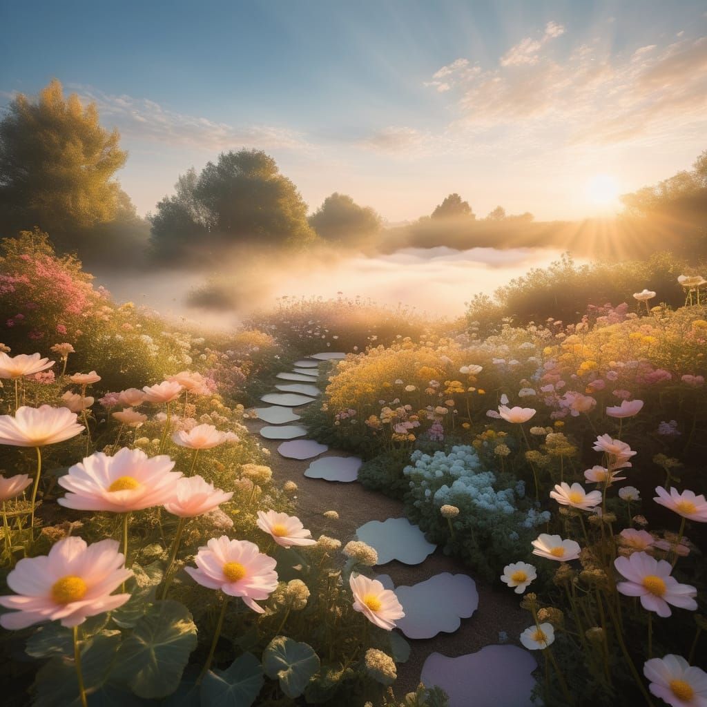 Dreamlike Cloud Garden with Giant Pastel Flowers and Golden ...