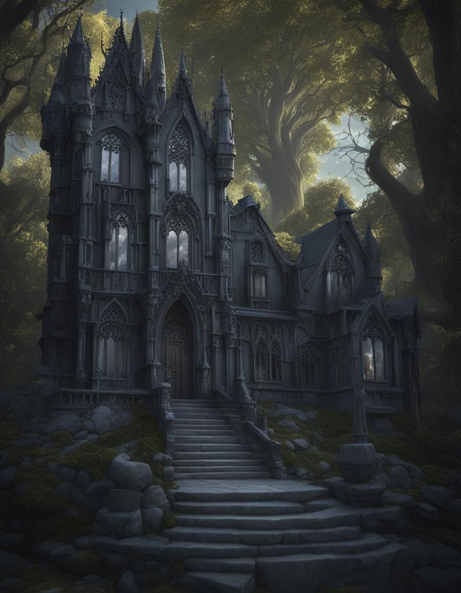 Realistic gothic house painted black& realistic vibes& epic vibes& gothic architecture vibes& beautiful craftsmanship vi...