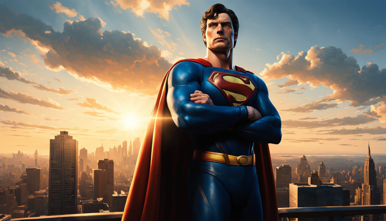 Superman in Heroic Pose, Oil Painting