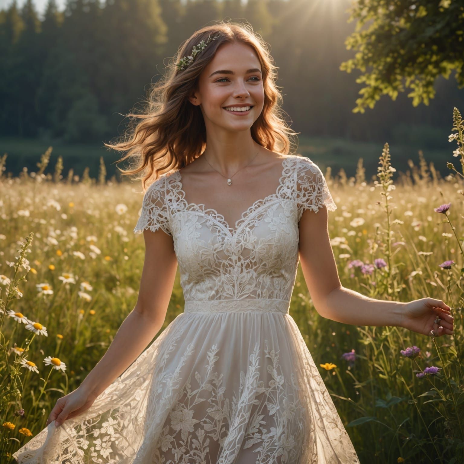 Smiling Girl in Lace Dress, Hyperrealistic 8K
