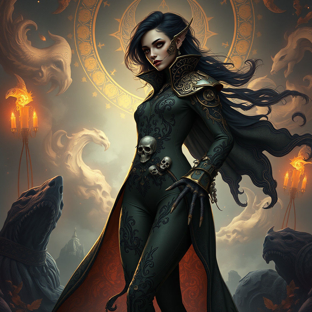 Elegant Woman in Ornate Skull Outfit, Fantasy Art
