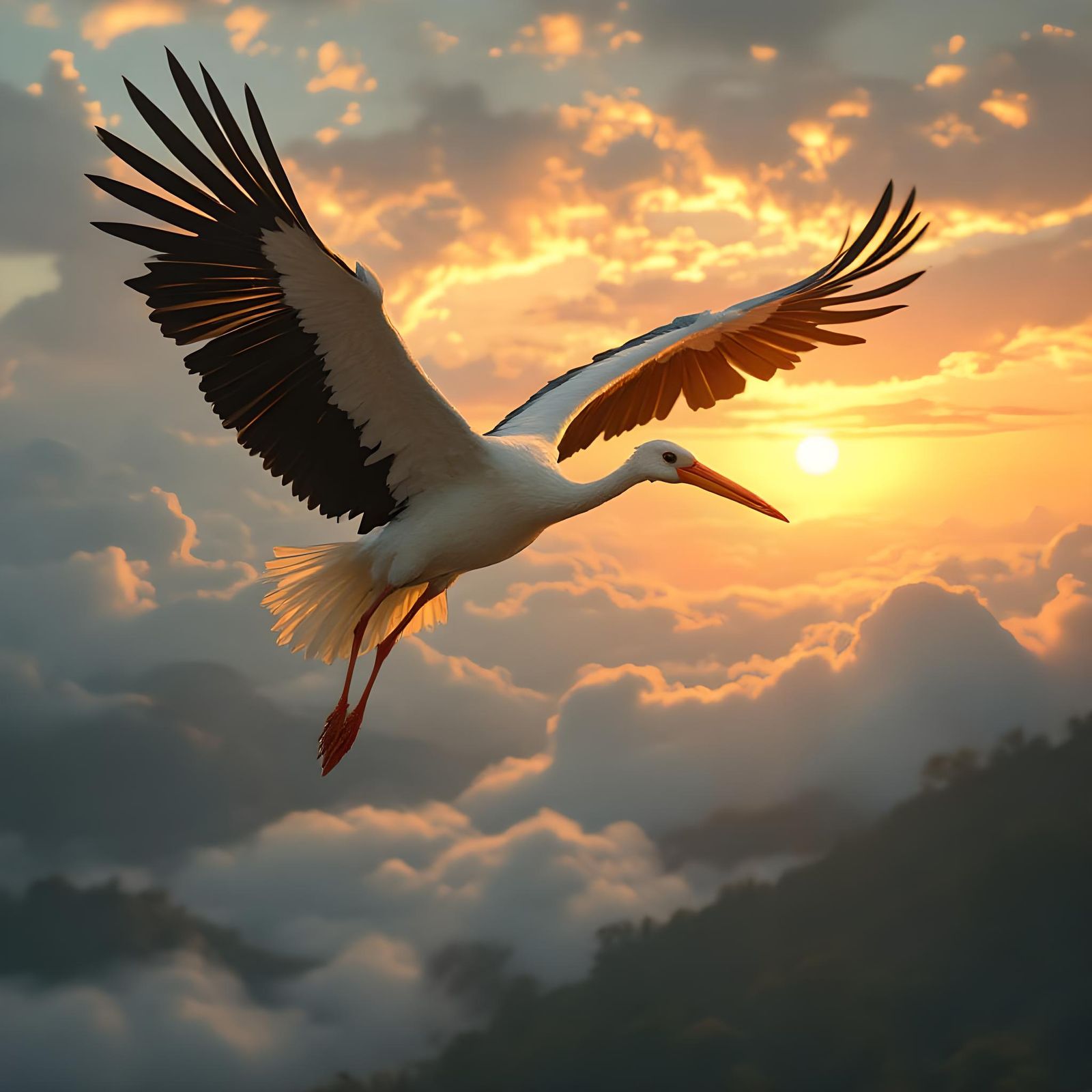 Giant Stork Silhouette Flying at Sunrise