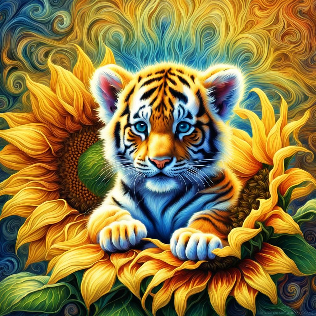 Tiger Cub in Sunflower: Moire Pattern Fantasy Art