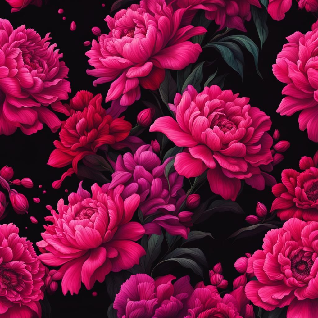 Hyperrealistic Hot Pink Florals on Black Background