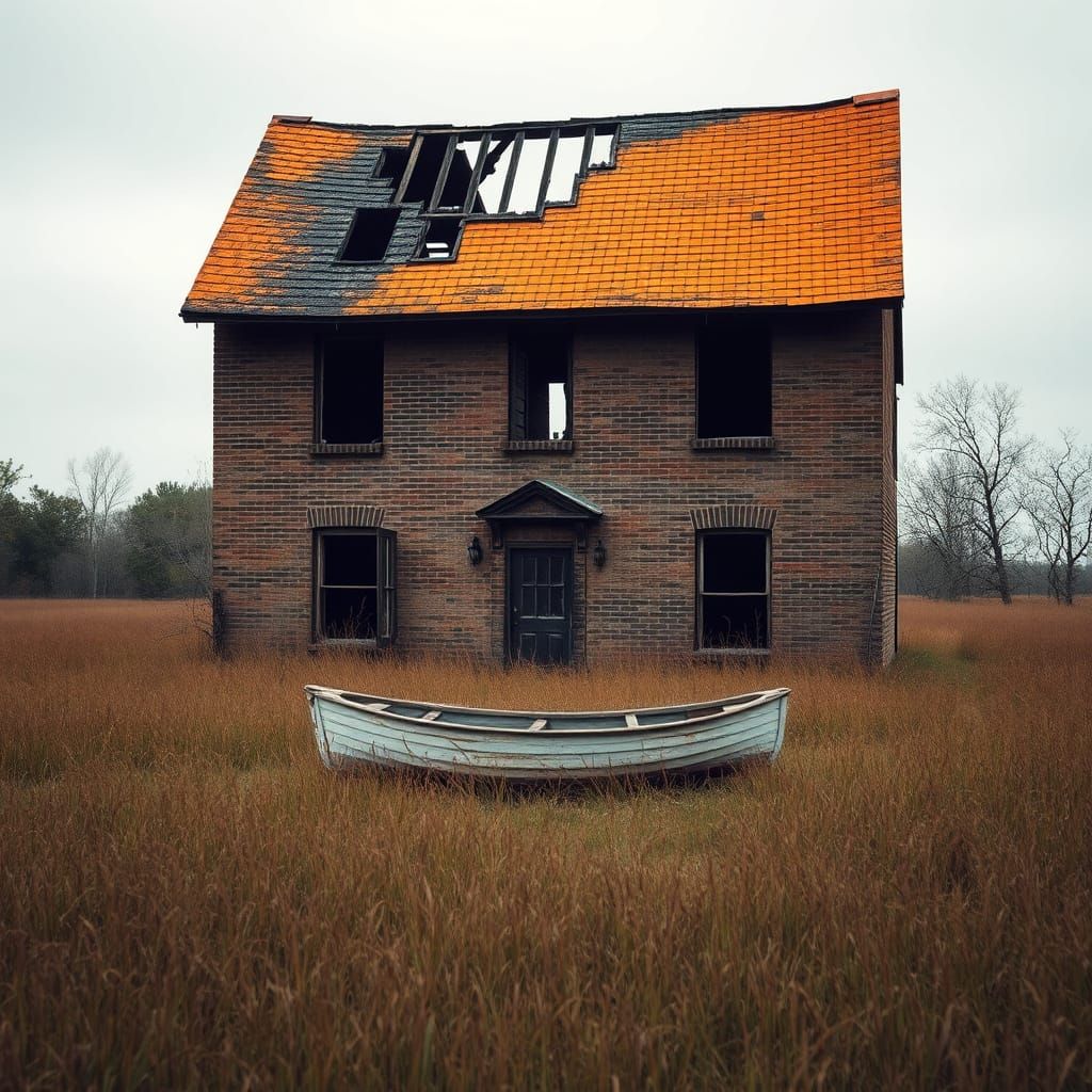 Abandoned Brick House in Overgrown Landscape