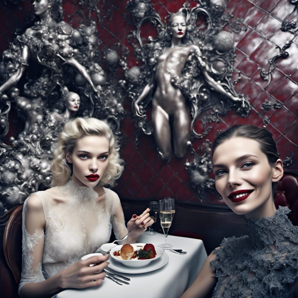Happy Woman in Cafe with 3D Art