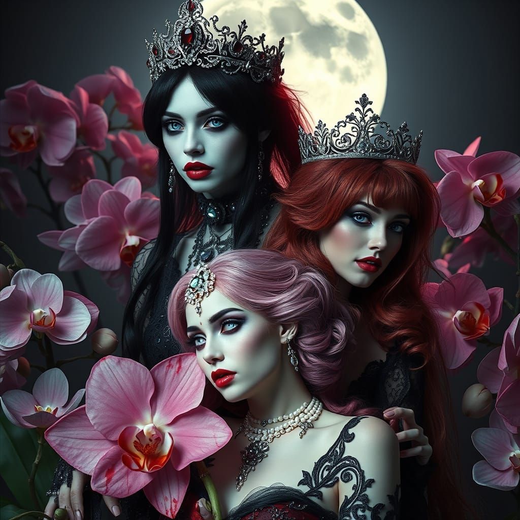 Gothic Vampire Goddess in Ethereal Orchid Garden
