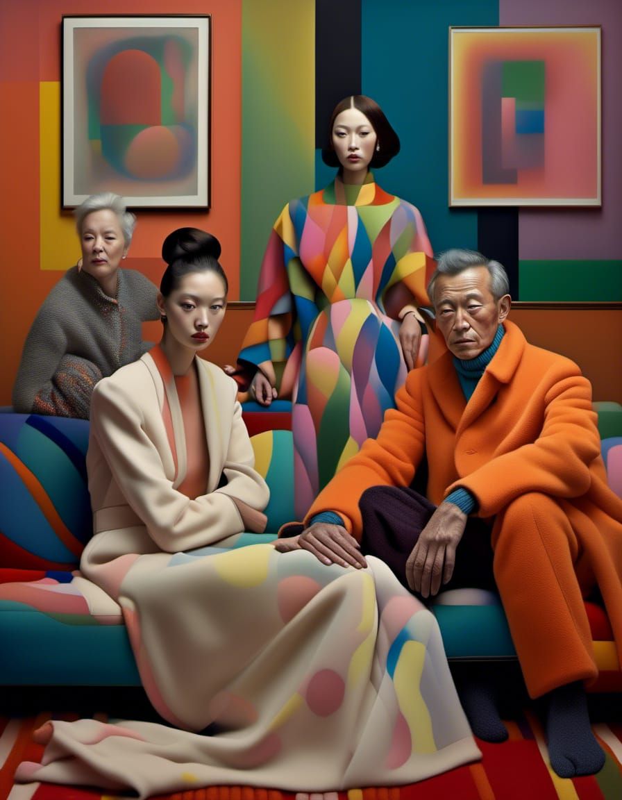 Polychromatic People Relaxing in Abstract Interior